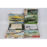 Tamiya - Italeri - Airfix - Hasegawa - KP - Five boxed military aircraft plastic model kits in
