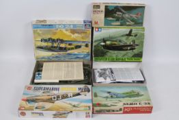 Tamiya - Italeri - Airfix - Hasegawa - KP - Five boxed military aircraft plastic model kits in