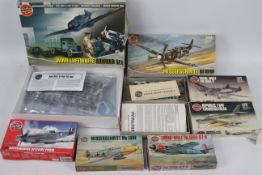 Airfix - Seven boxed plastic military aircraft model kits in various scales.