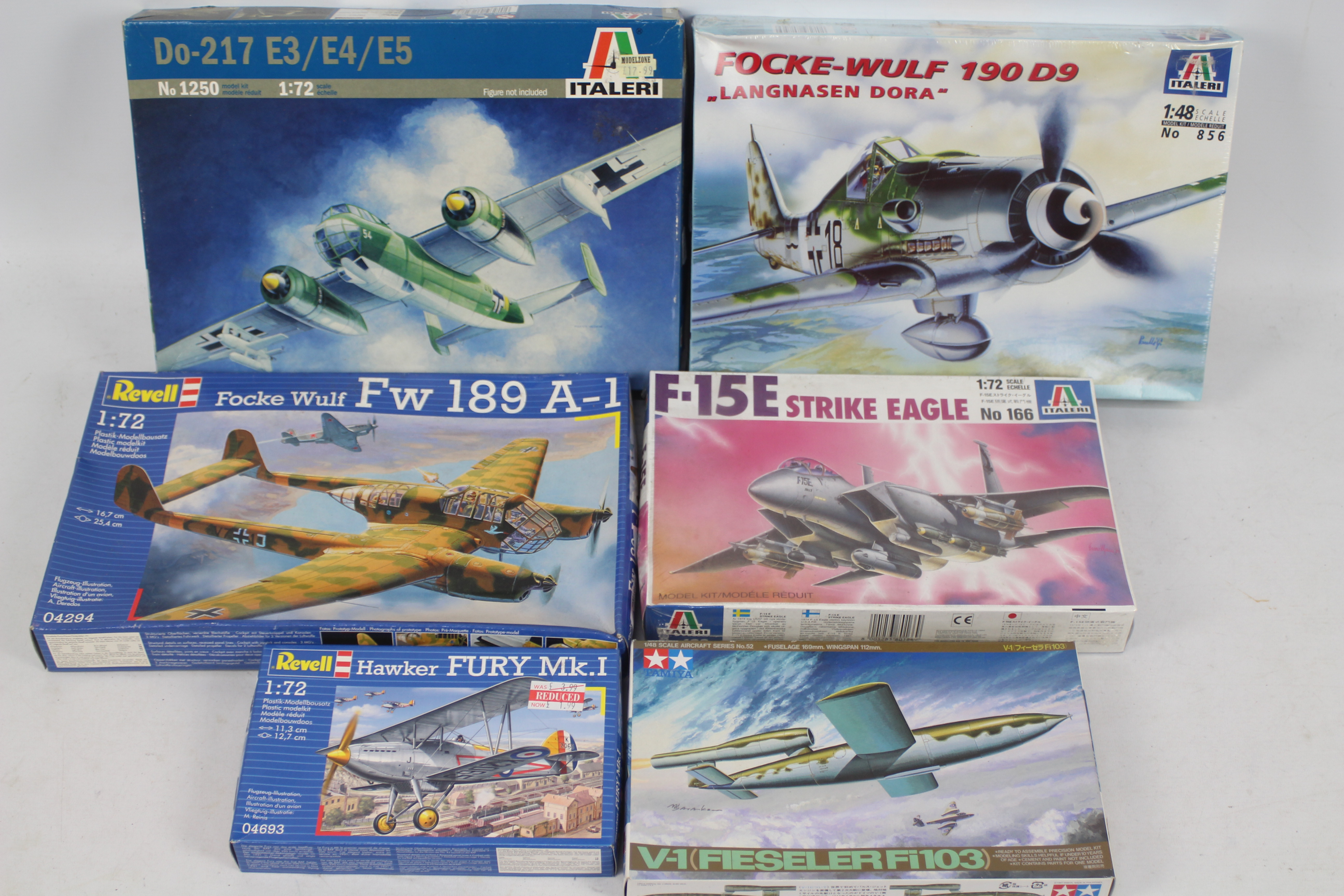 Tamiya - Revell Italeri - Six boxed military aircraft plastic model kits in various scales.