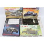 ICM - Italeri - Zvezda - Four boxed plastic military vehicle model kits.