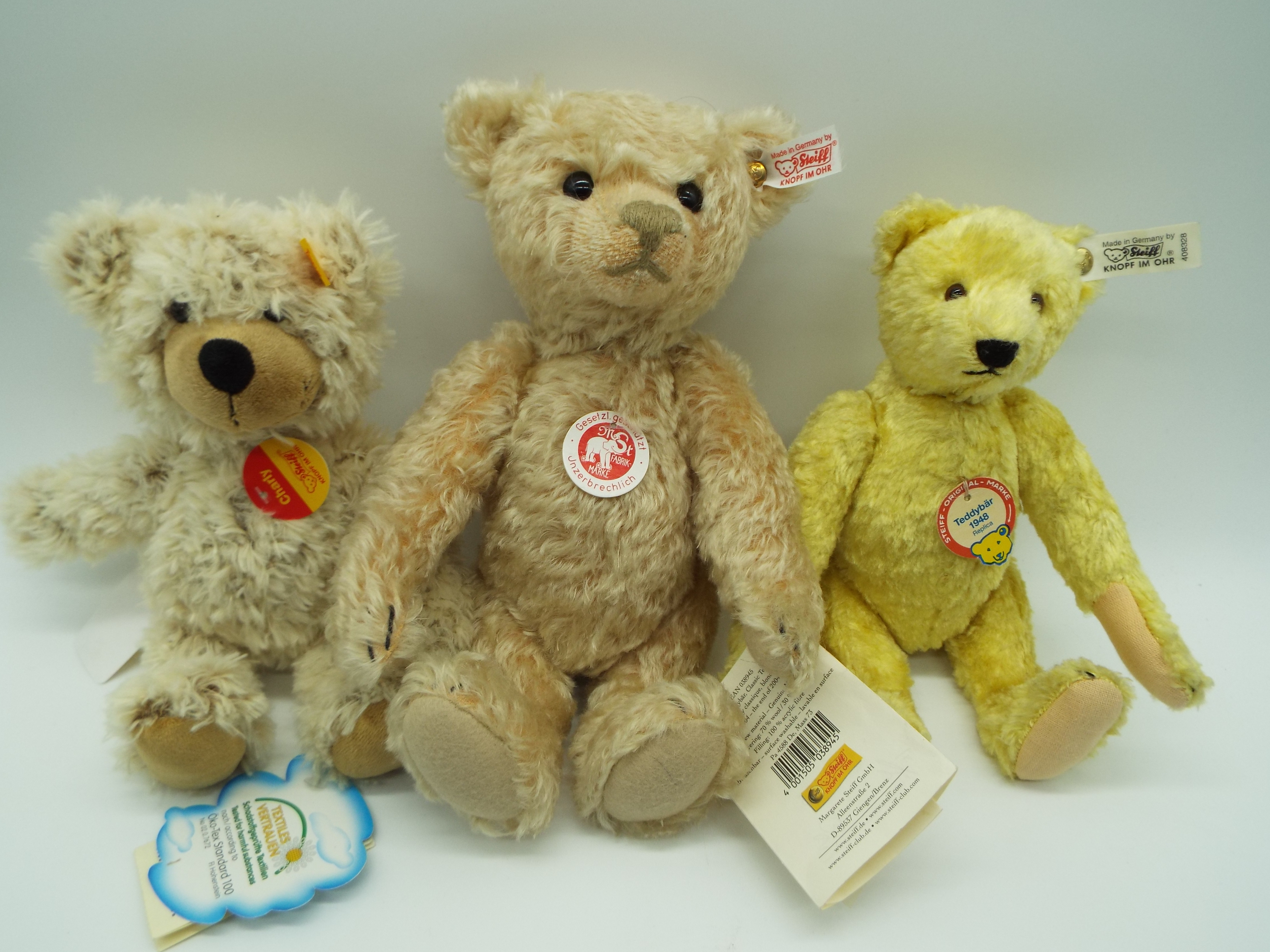 Steiff - three Bears comprising Classic Teddy 28 cm (h), a replica 1948 Bear 24 cm (h),