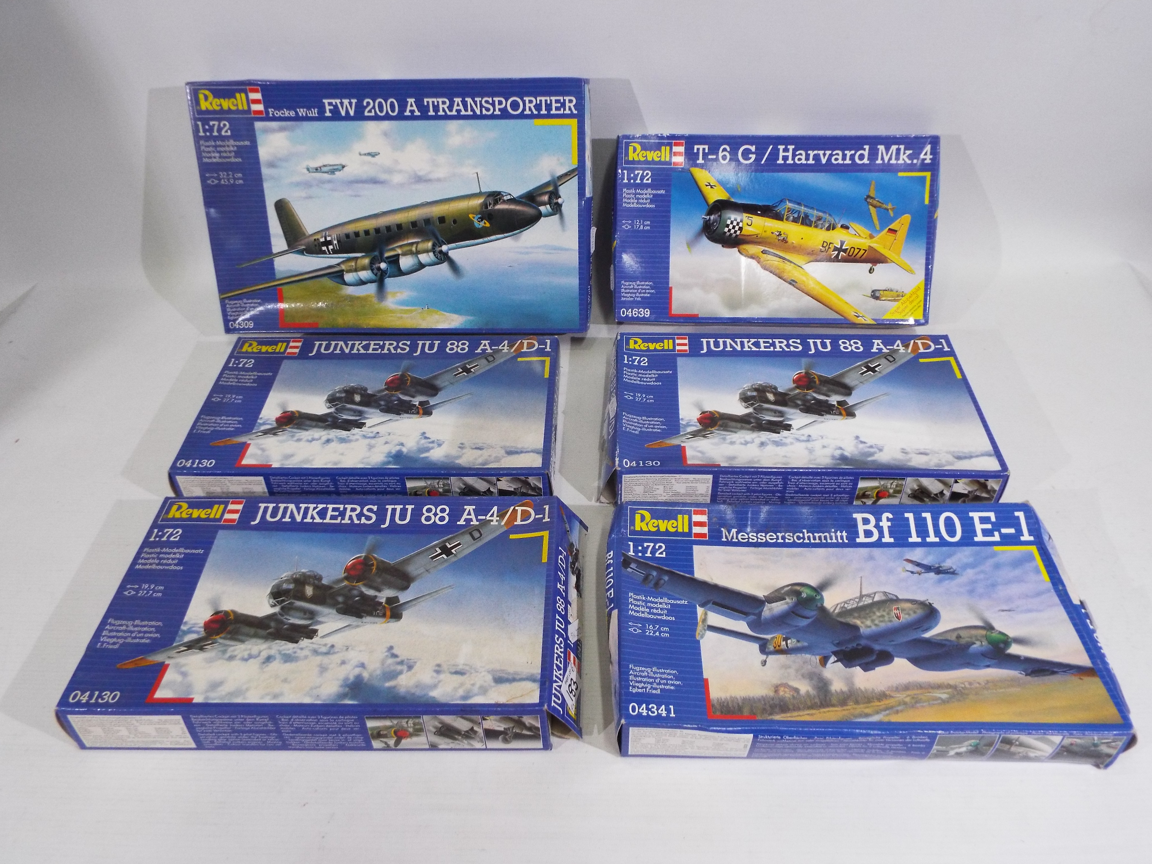 Revell - Six boxed Revell 1:72 scale German WW2 plastic military aircraft model kits.