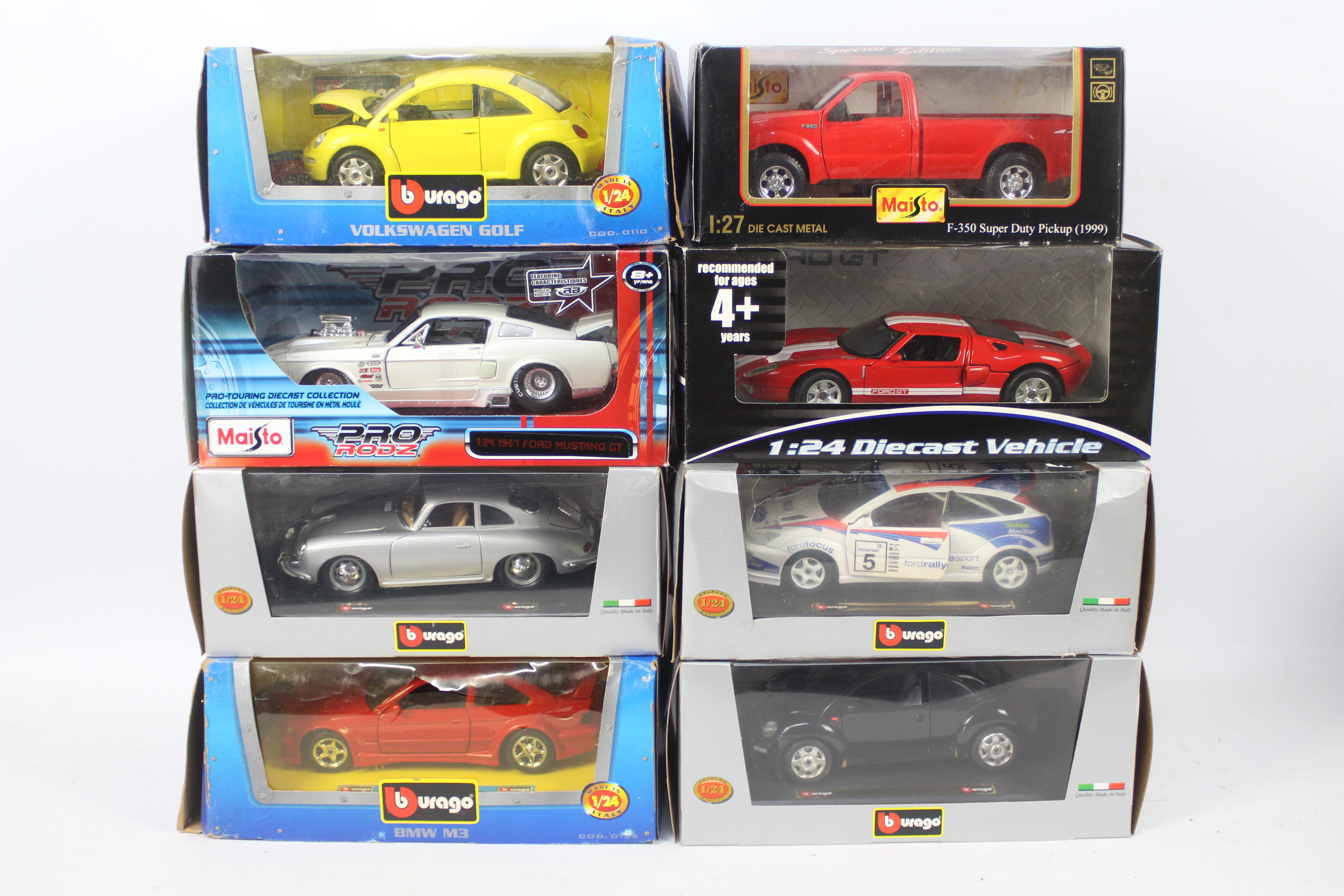 Bburago - Maisto - 8 x boxed models in 1:24 scale including 1967 Ford Mustang GT, BMW M3,