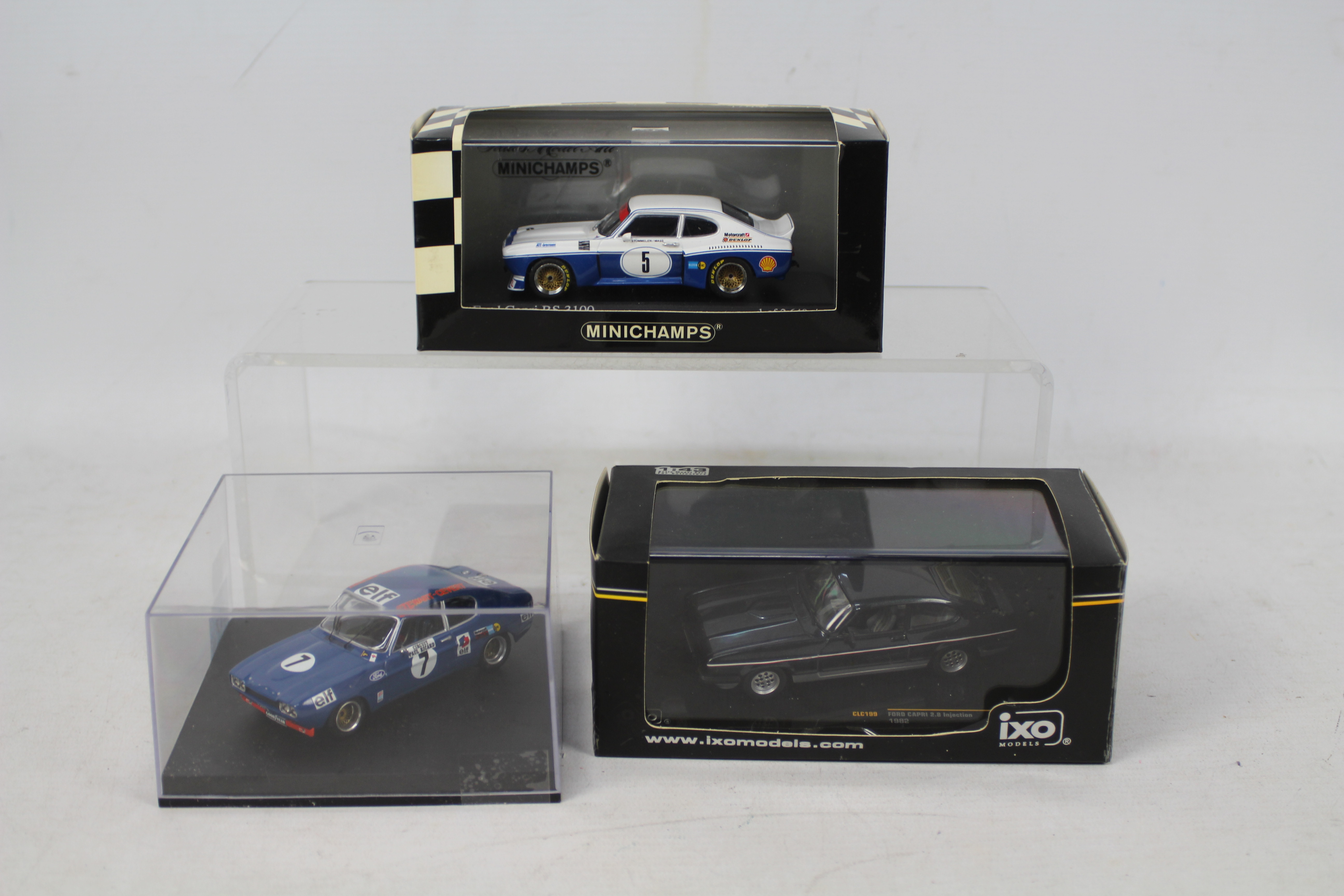 Minichamps - Ixo - Trofeu - 3 x Ford Capri models in 1:43 scale, a Jackie Stewart RS2600 # 2304,