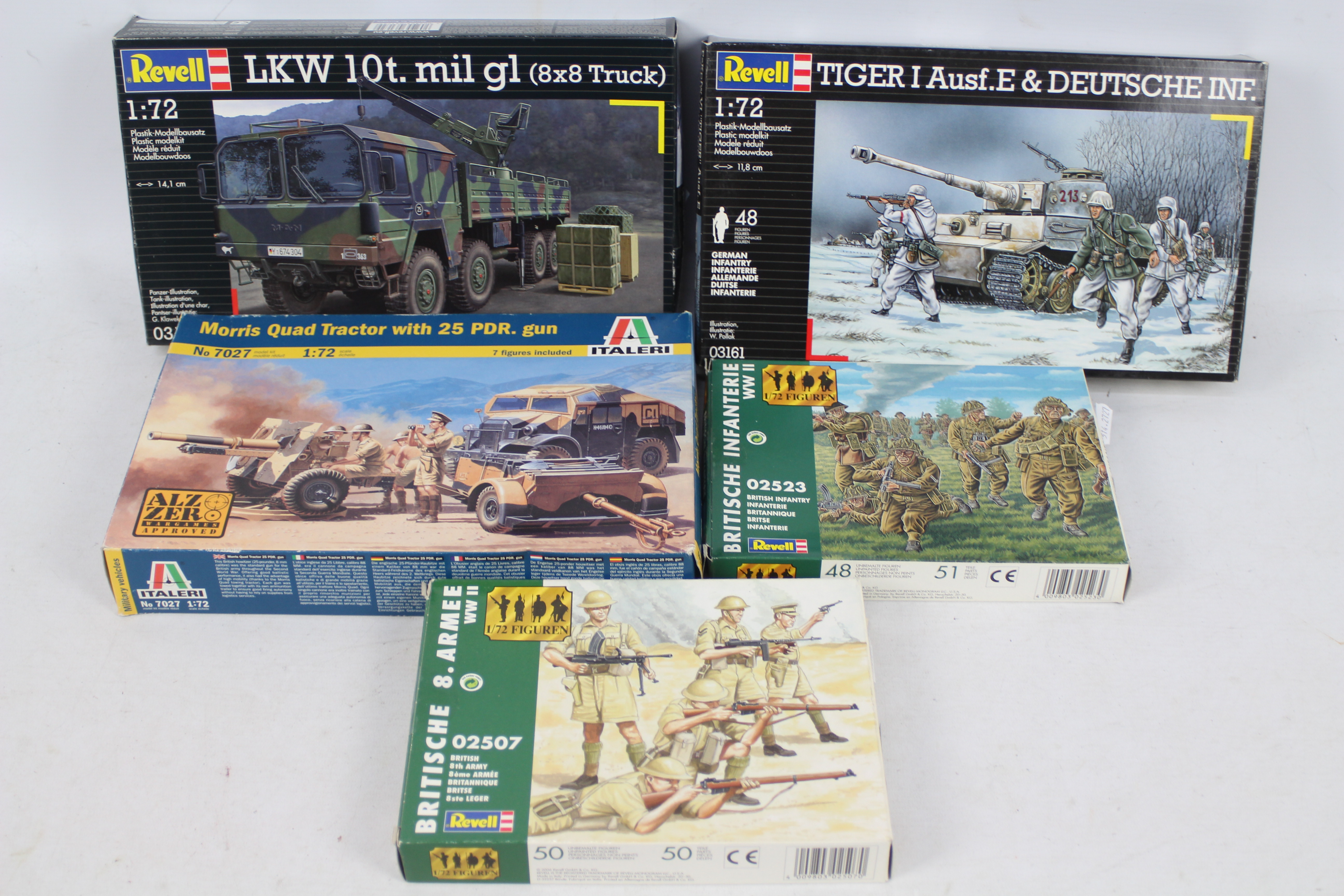 Revell - Italeri - Five boxed plastic military vehicle and personnel model kits and figures in 1:72