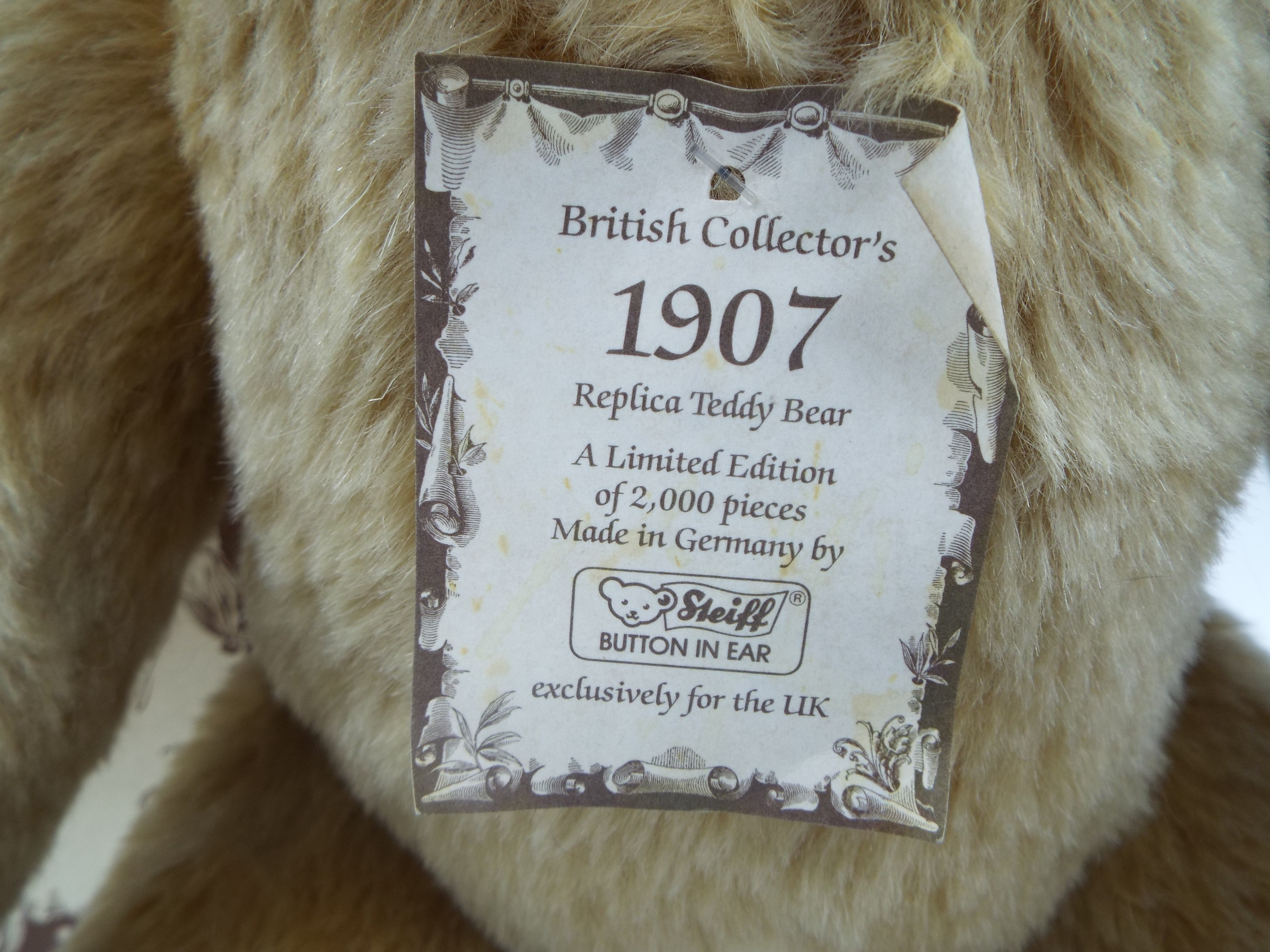 Steiff - a British Collector's 1907 Replica Teddy Bear, mohair plush, - Image 2 of 2