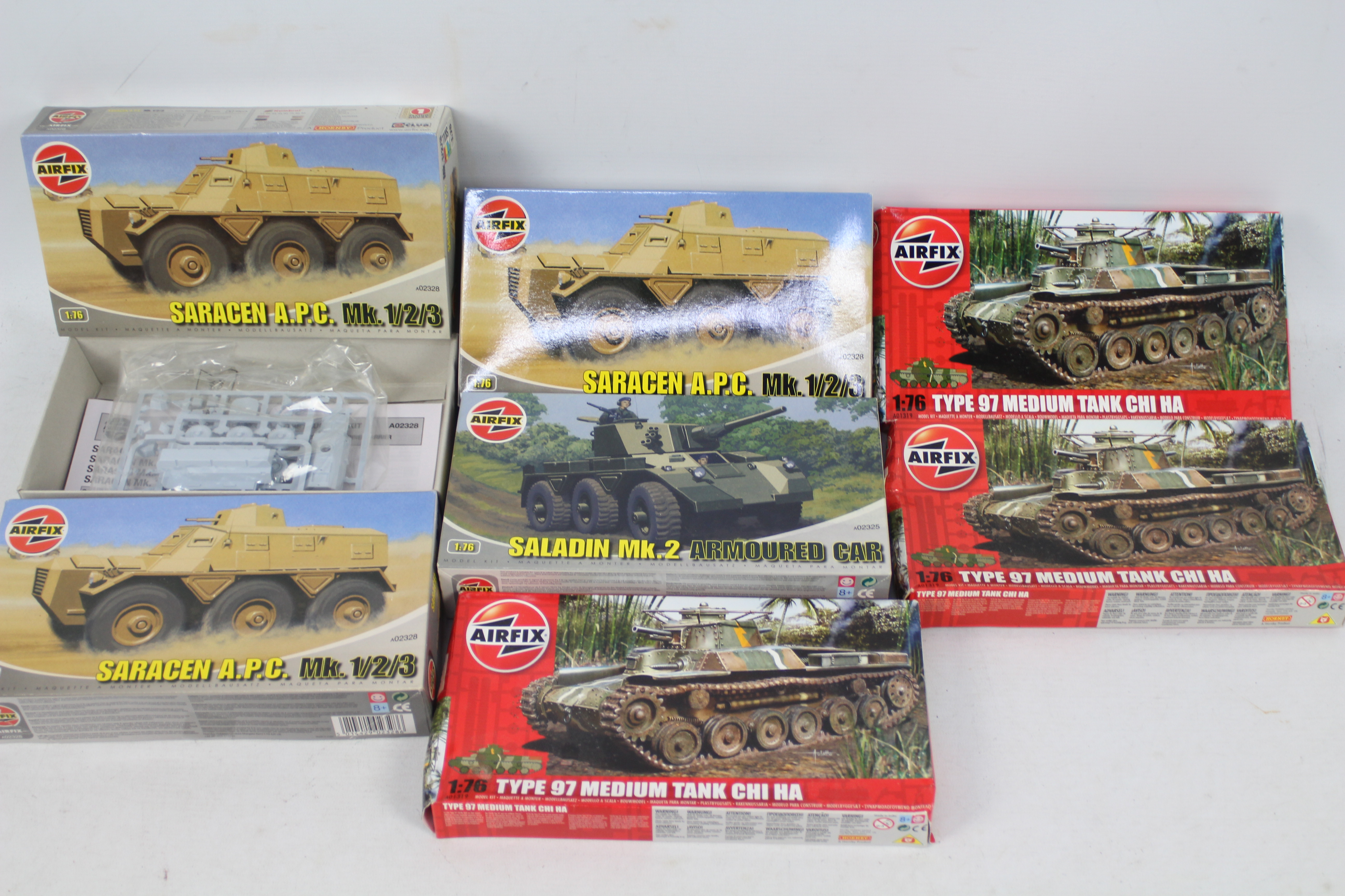 Airfix - Seven boxed military vehicle plastic model kits in 1:76 scale.