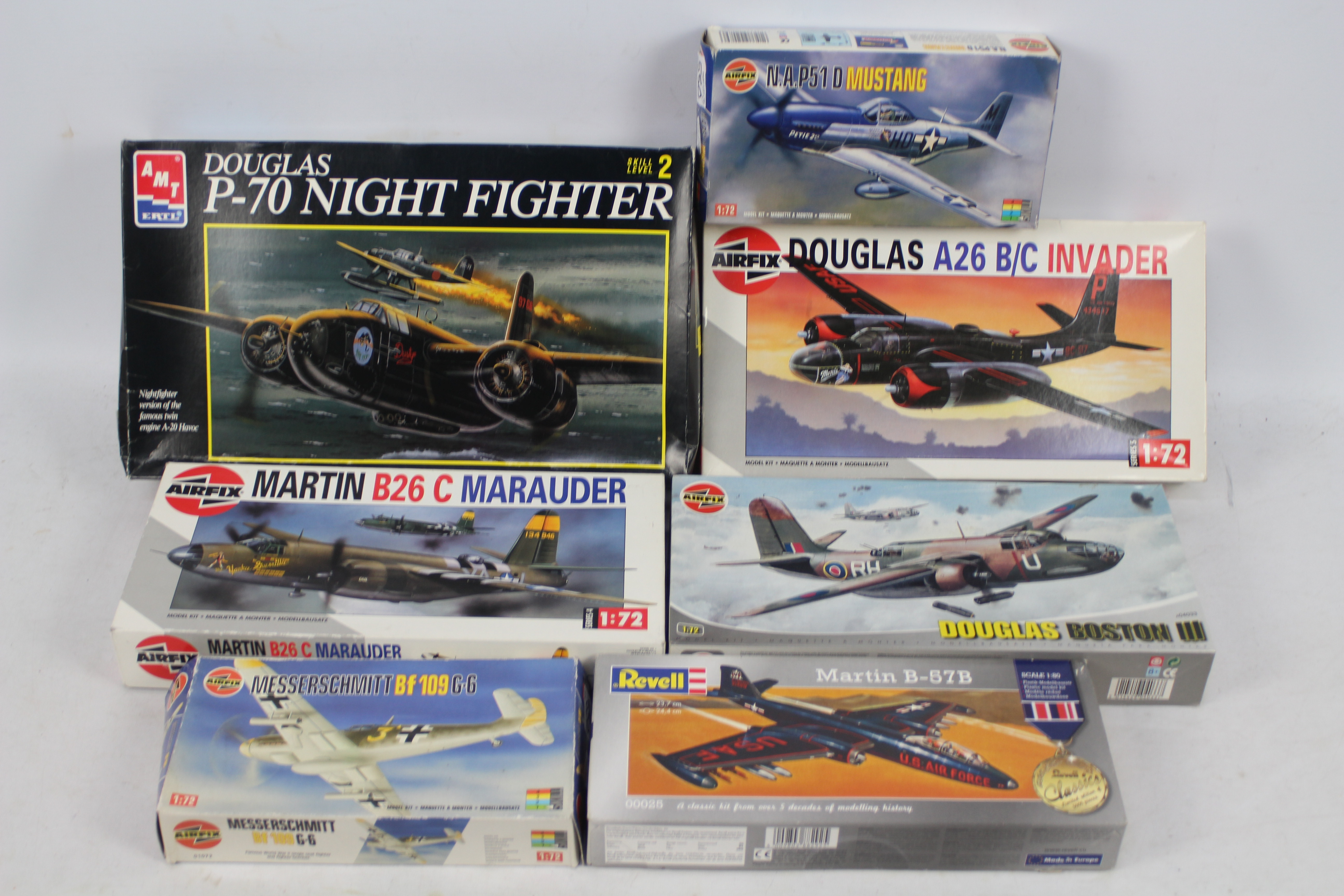 AMT Ertl - Airfix - Revell - Seven boxed plastic military aircraft model kits in a variety of