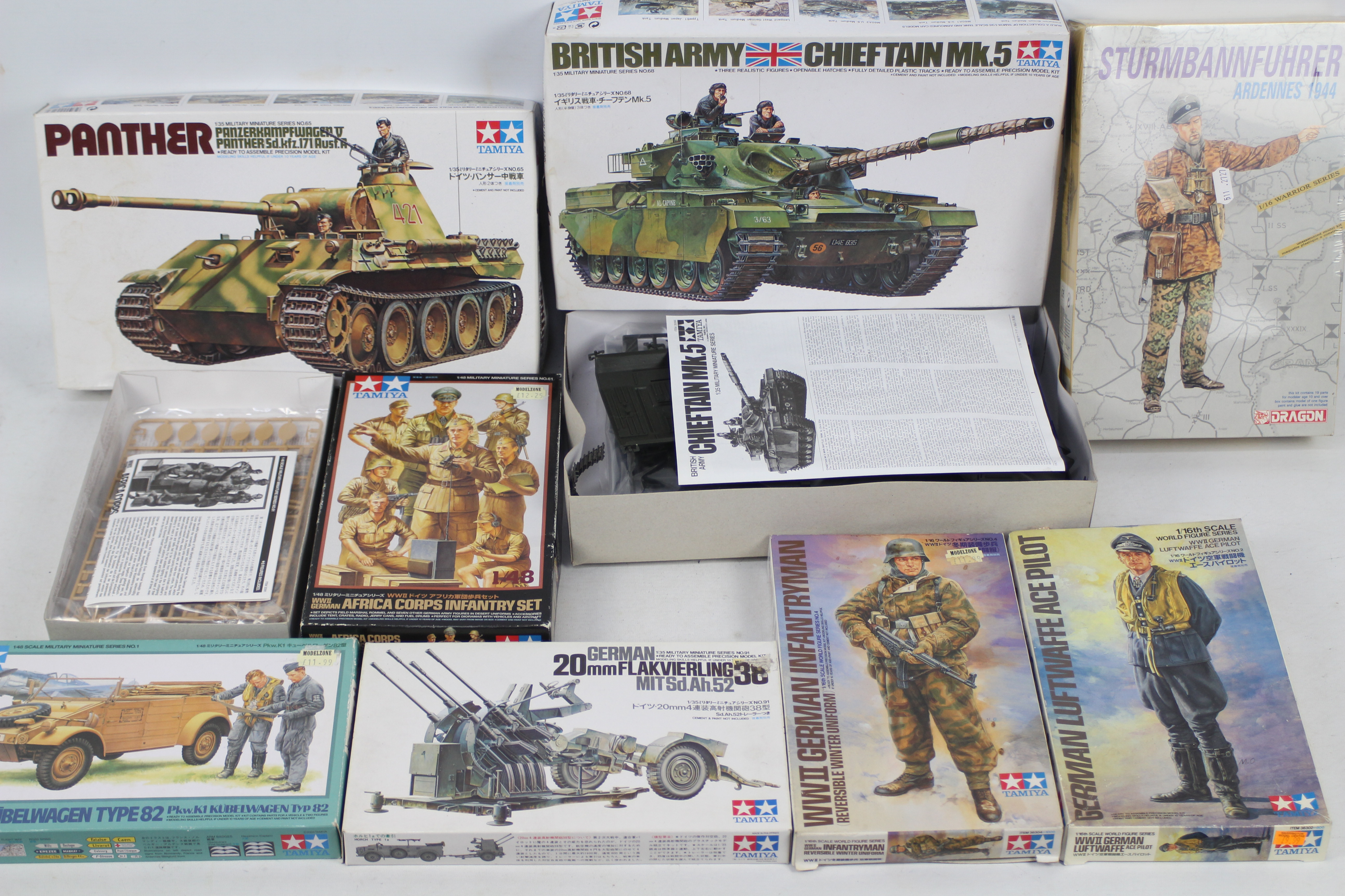 Tamiya - Dragon - Eight boxed plastic military vehicle and personnel model kits in a variety of