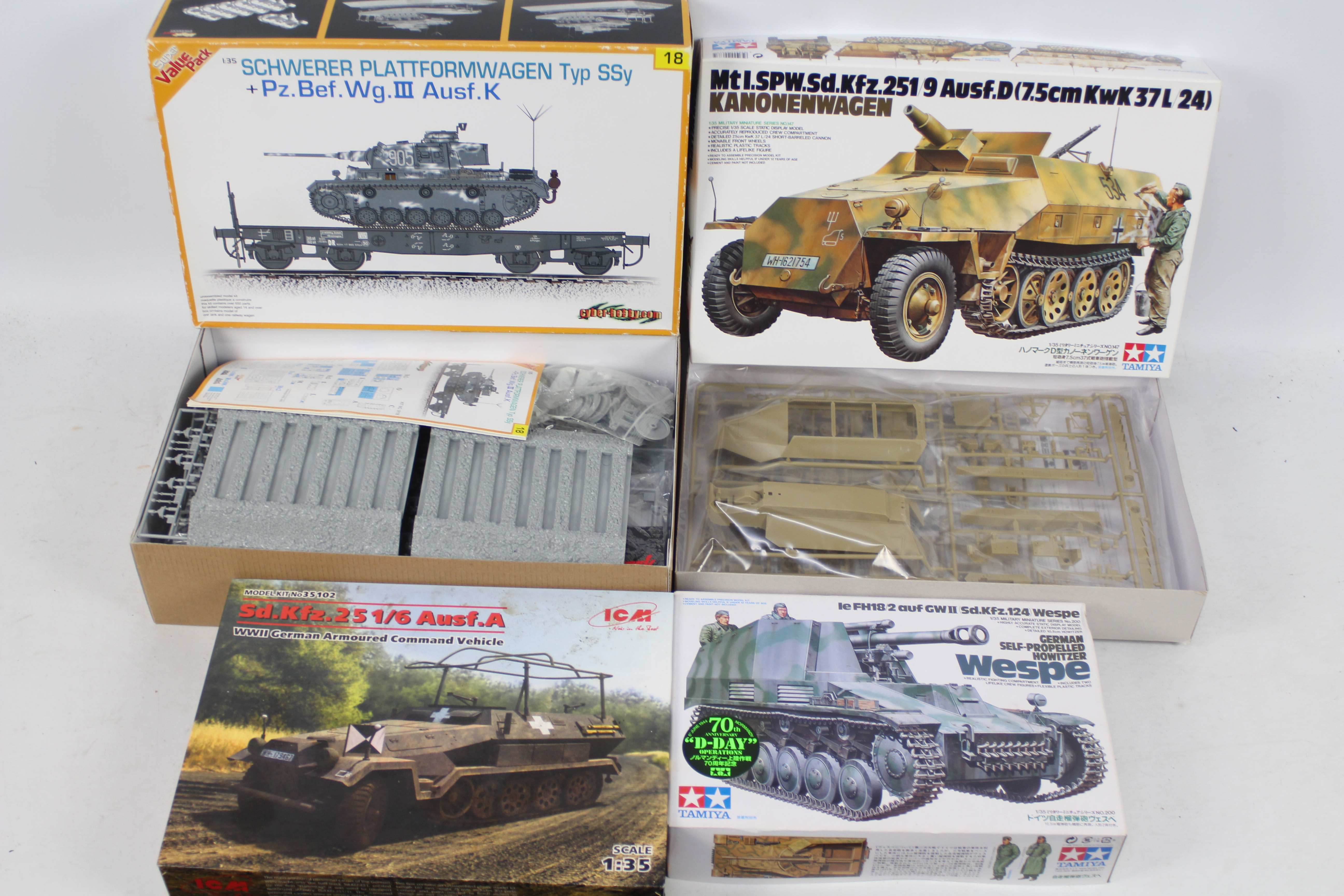 Tamiya - Dragon - ICM - Four boxed 1:35 scale plastic military vehicle model kits.