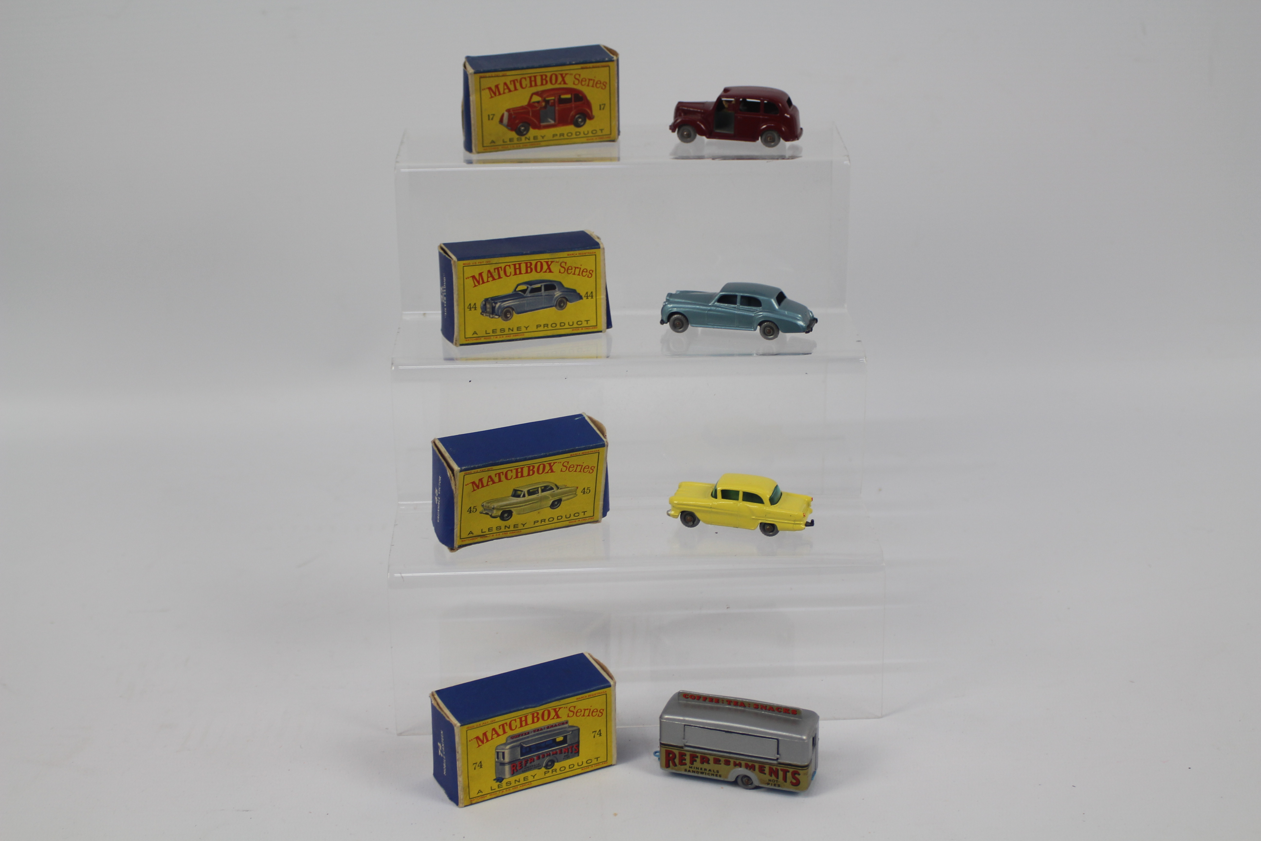 Matchbox - 4 x boxed vehicles, Austin Taxi with grey plastic wheels # 17,