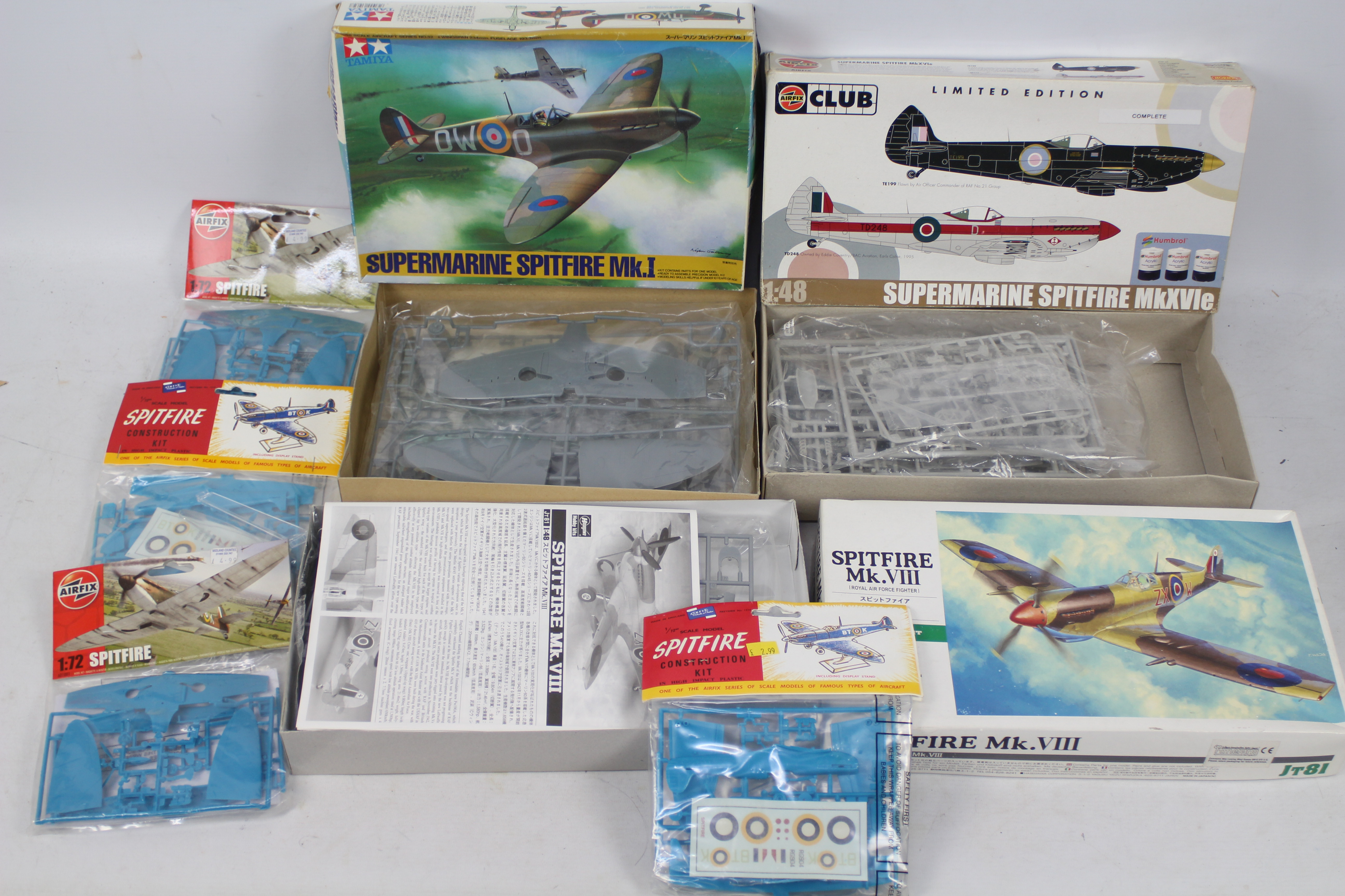 Tamiya - Airfix - Hasegawa - Seven boxed and bagged Spitfire plastic model kits in 1:72 and 1:48