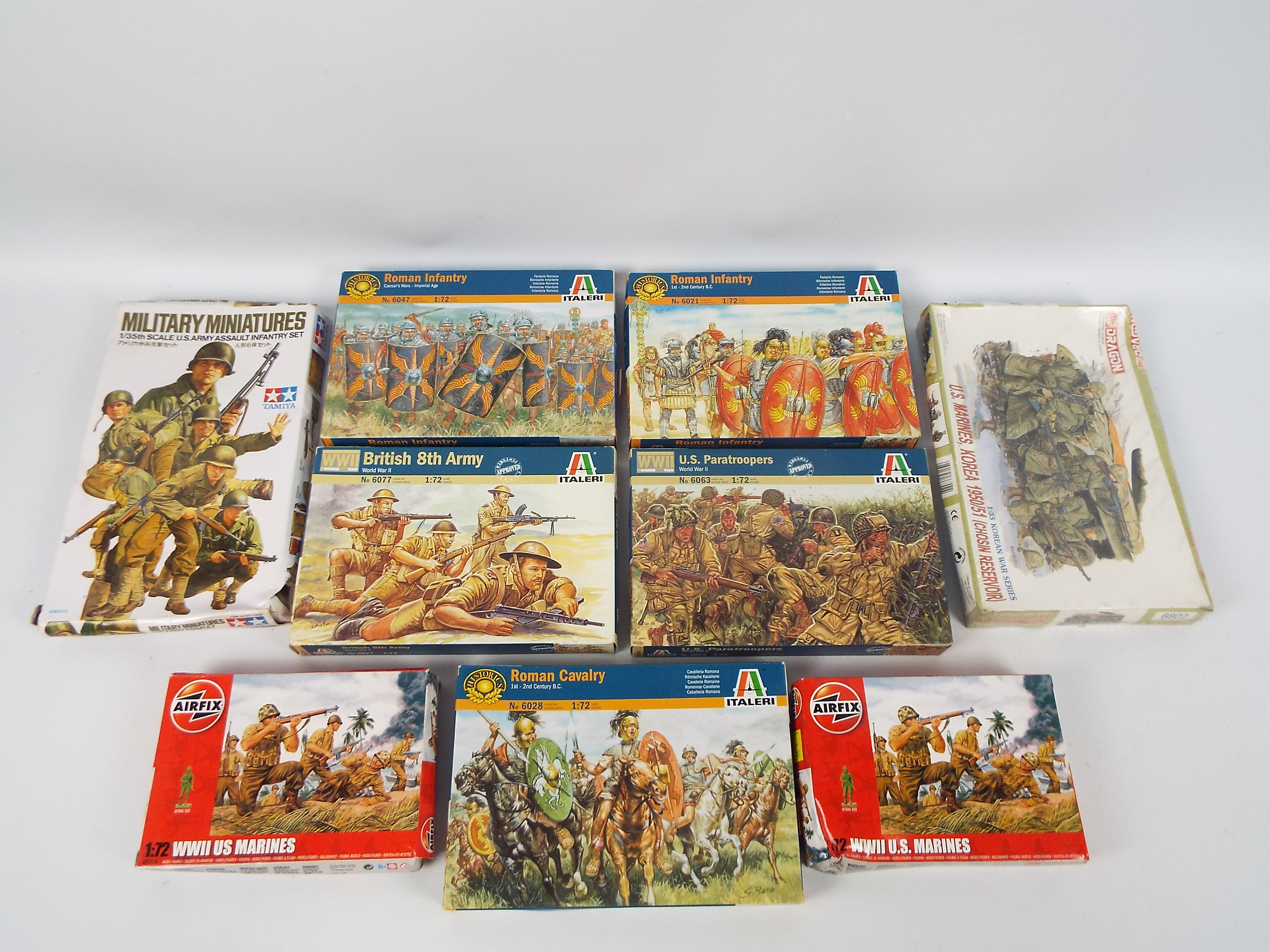 Airfix - Tamiya - Italeri - Dragon - A regiment of nine boxed predominately 1:72 scale plastic