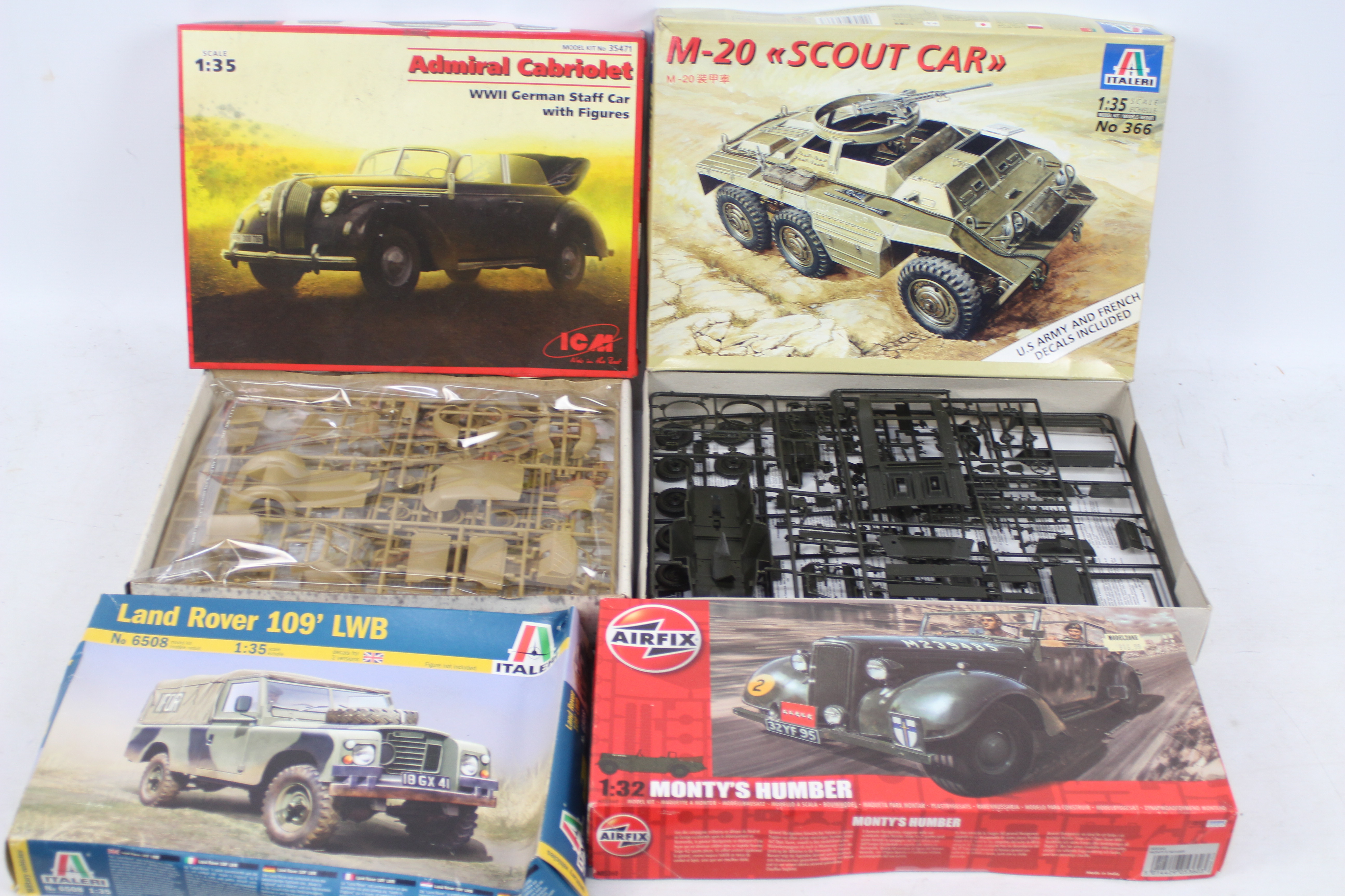 ICM - Italeri - Airfix - Four boxed plastic military vehicle model kits in mainly in 1:35 scale.