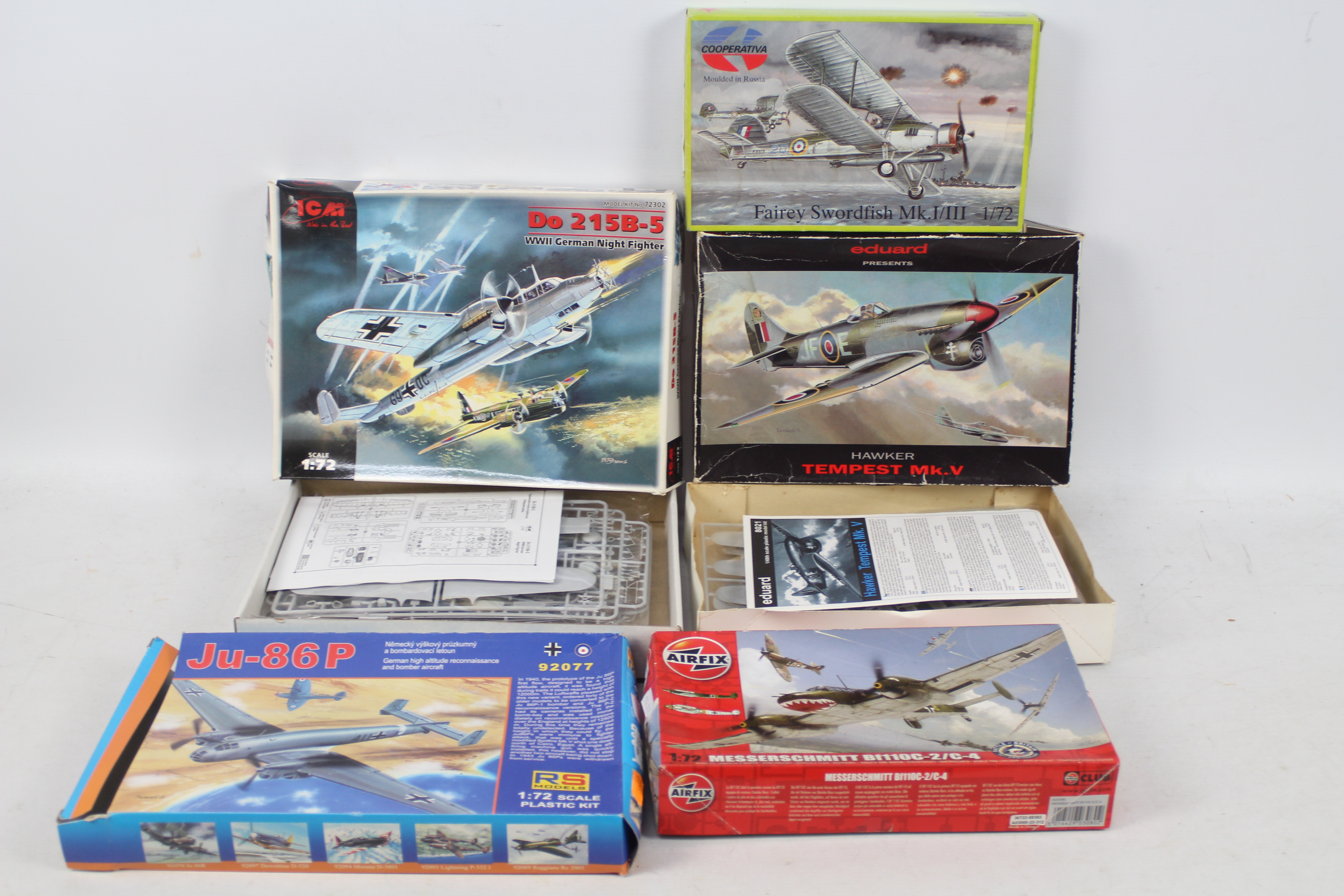 Eduard - RS Models - ICM - Airfix - Five boxed plastic military aircraft model kits in various