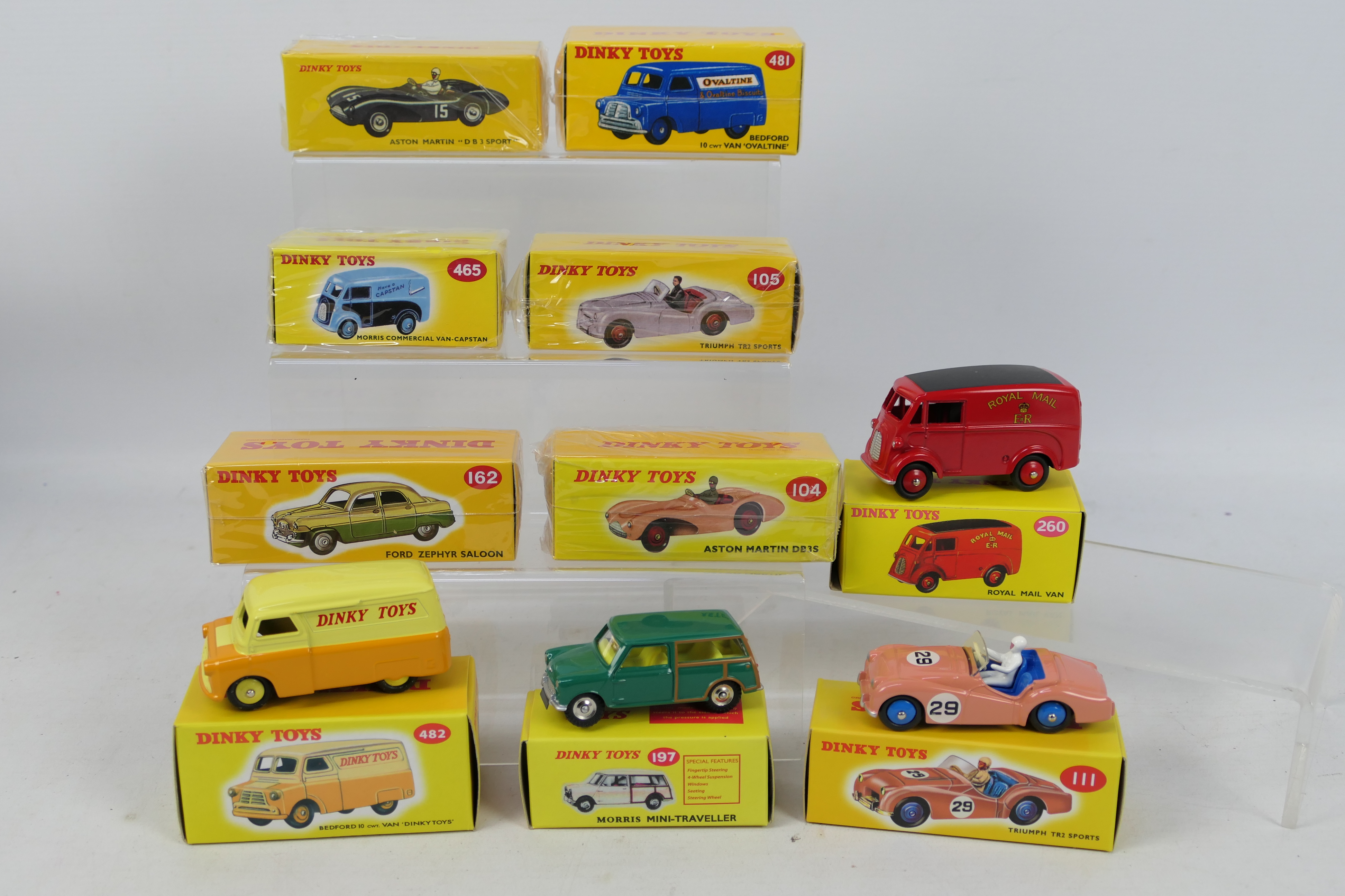 Atlas Dinky - 10 x boxed British car models including Bedford CA van in Ovaltine livery # 481,