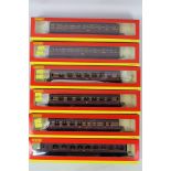 Hornby - A rake of six boxed Hornby OO gauge LMS maroon 'Coronation Class' passenger coaches.