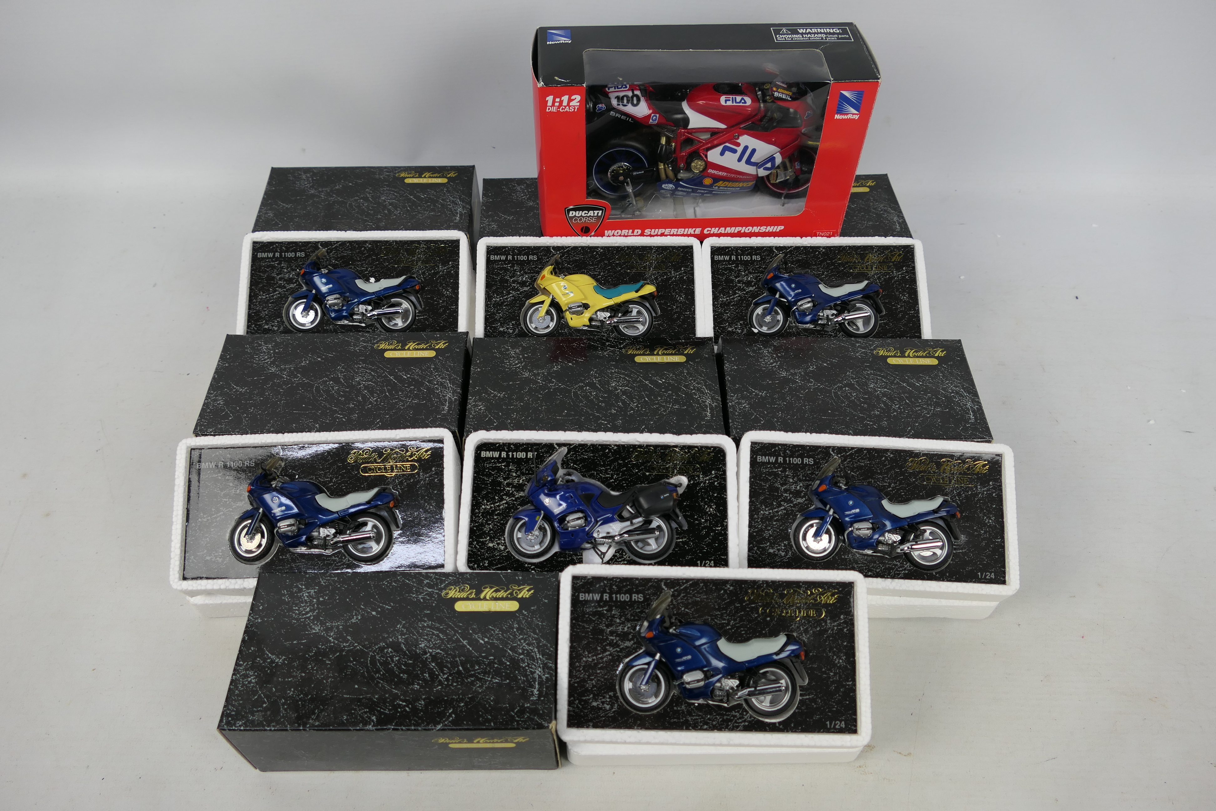 Paul's Model Art - NewRay - 8 x boxed motorcycle models including a Neil Hodgson Ducati 999 in 1:12