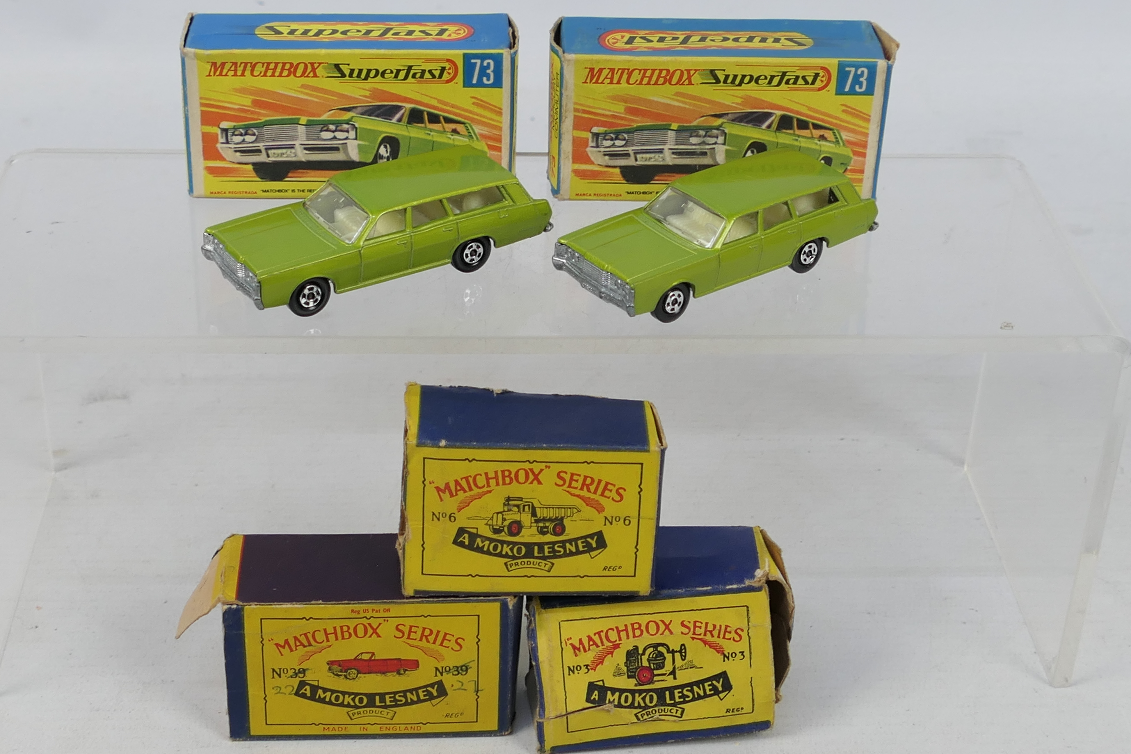 Matchbox - Lesney - Moko - Two boxed Matchbox Superfast #73 Mercury Commuter (metallic lime green,