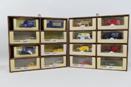 Corgi - Lledo - 2 x wooden cabinets with 16 x boxed models including Morris 1000 Pickup in Wimpy