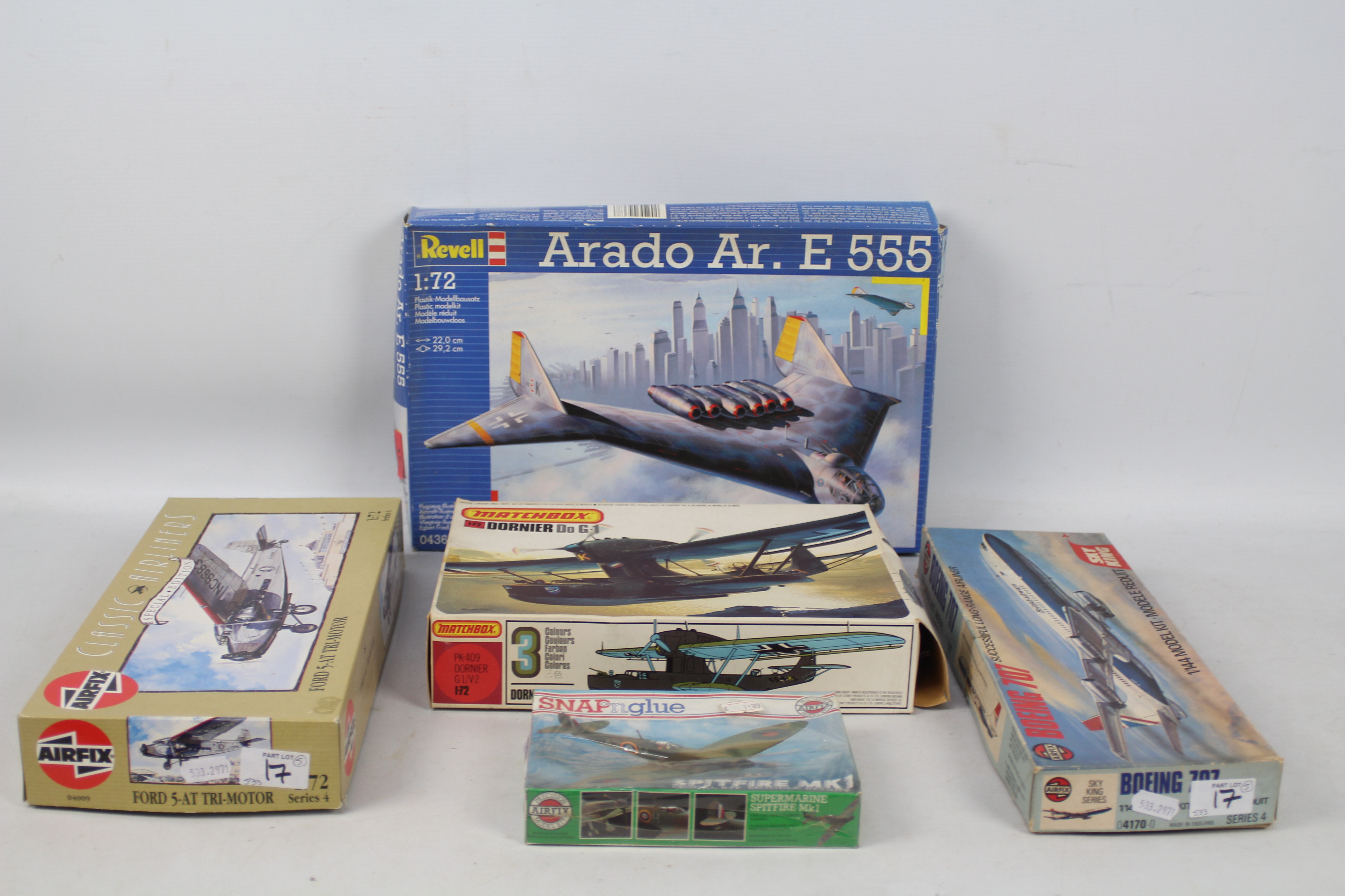 Matchbox - Revell - Airfix - Five boxed military and civilian plastic model aircraft kits in