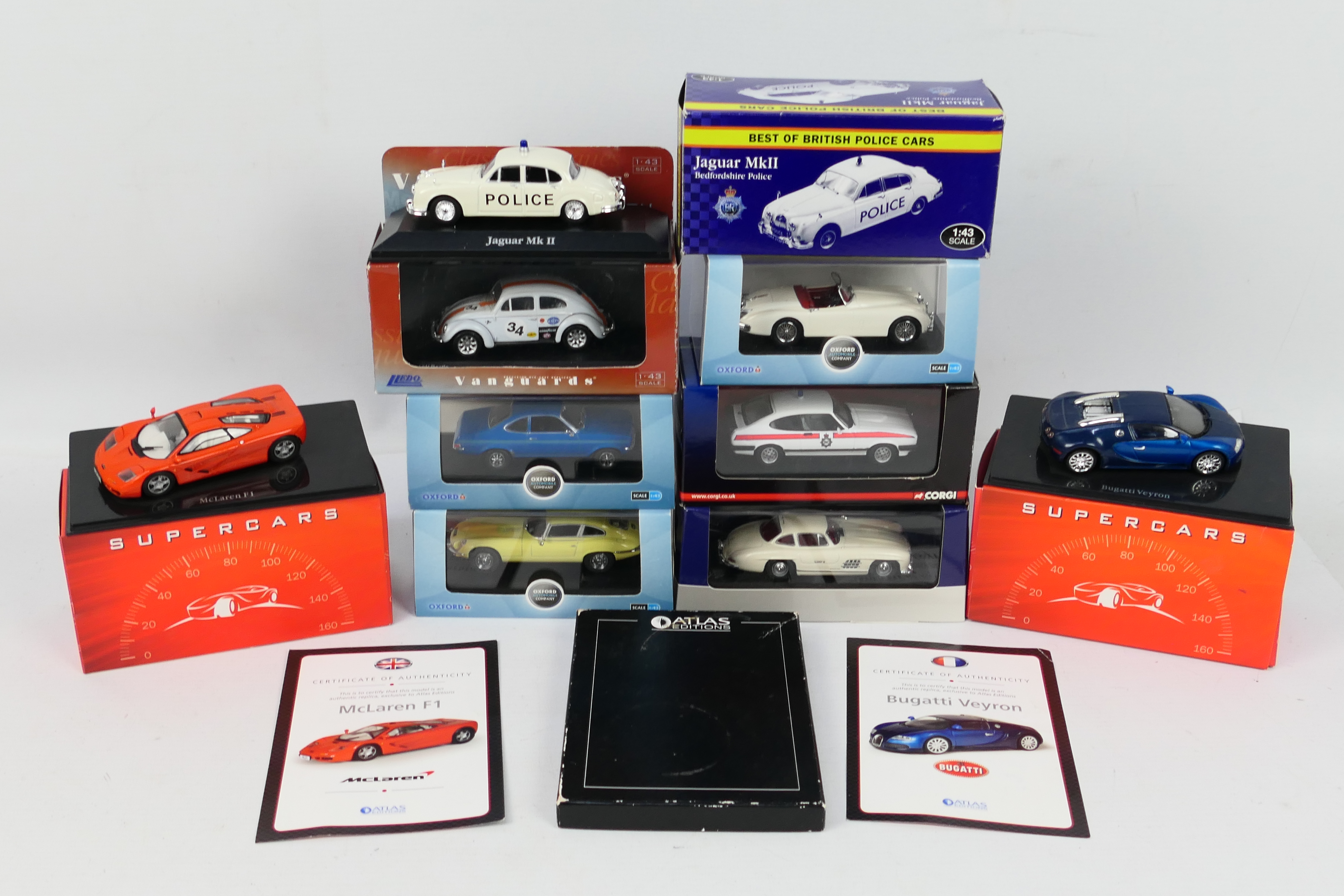 Oxford Diecast - Atlas Editions - Corgi - Nine boxed 1:43 scale diecast model vehicles.