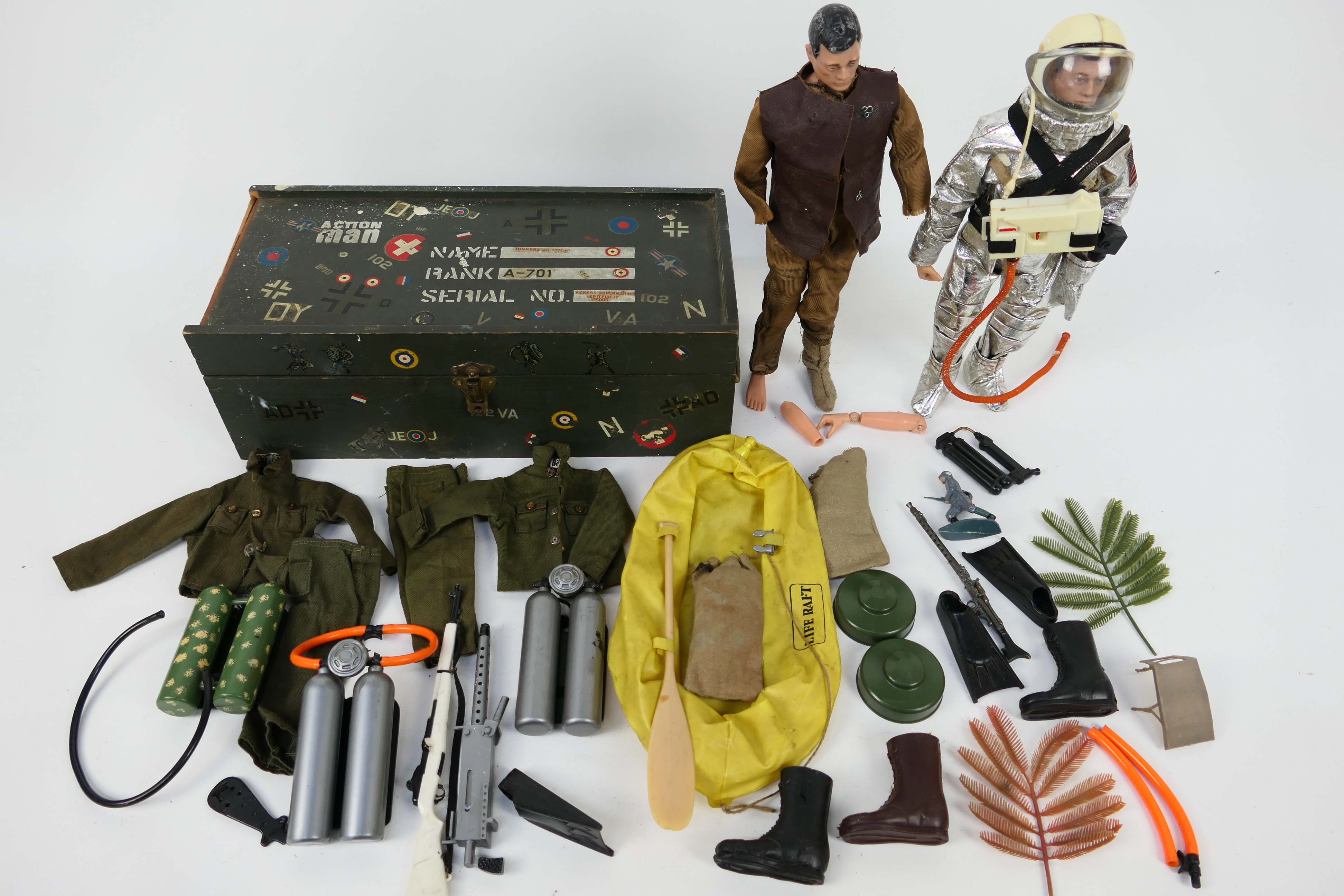 Palitoy - Action Man - 2 x painted hair figures and a kit locker,