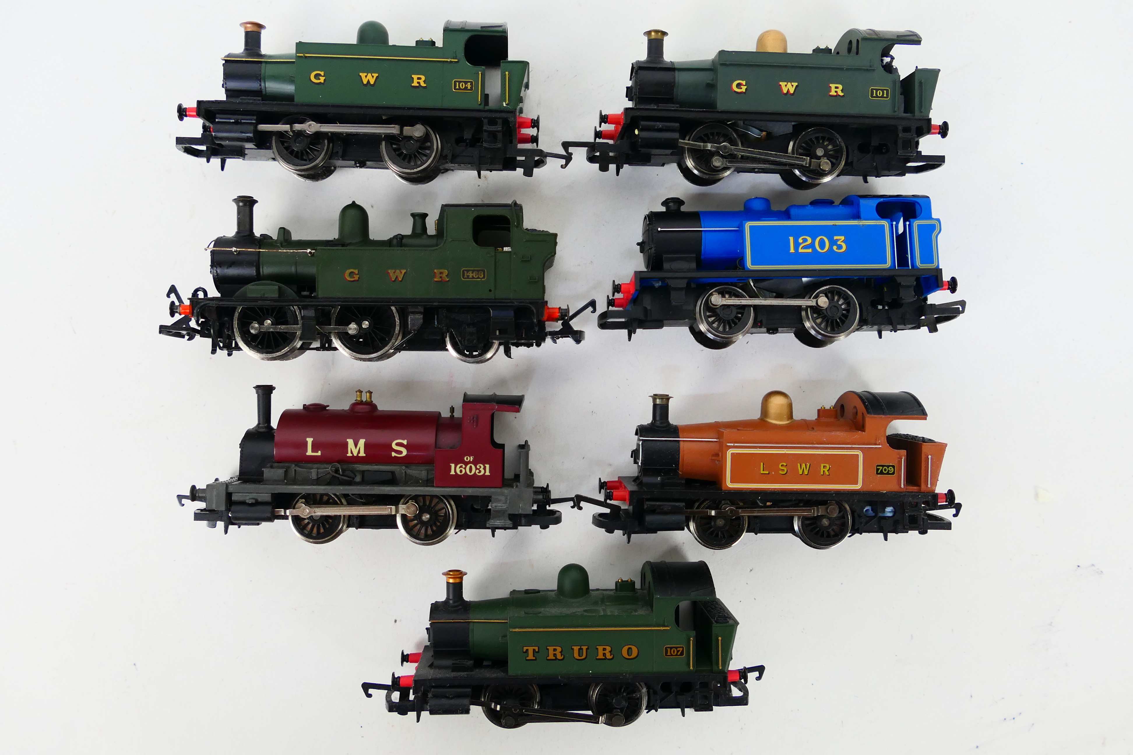 Hornby - Airfix - 7 x unboxed OO gauge tank engines including an LMS Saddle tank number 16031,