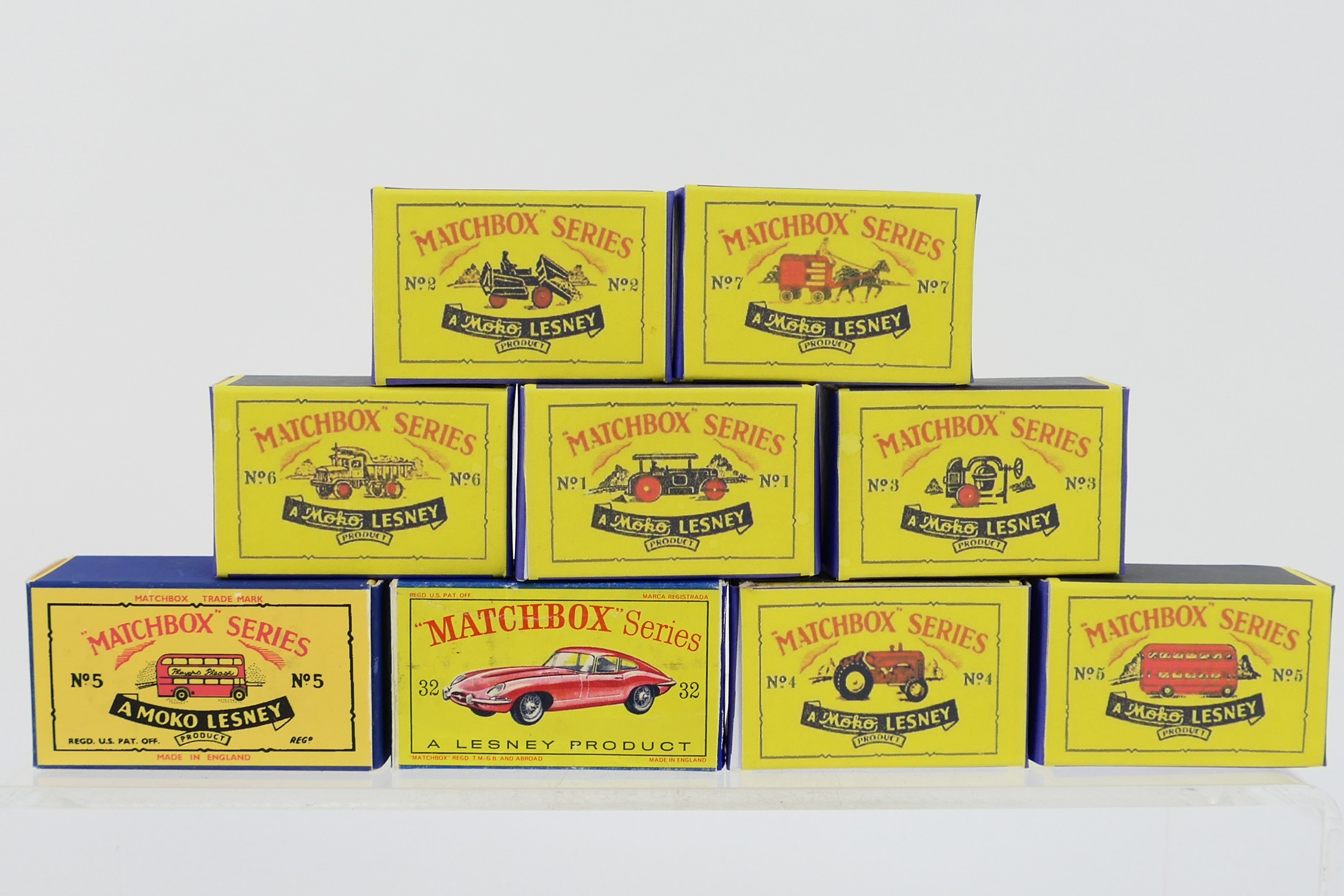 Matchbox - a repaired original box and 8 x reproduction boxes including Jaguar E Type # 32,