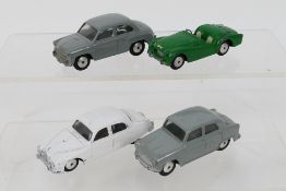 Corgi - 4 x unboxed models, Austin Cambridge mechanical # 201M, Triumph TR2 # 301, Jaguar 2.