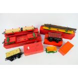 Hornby - 6 x boxed O gauge wagons including Trolley Wagon # RS684, Lumber Wagon # RS669,
