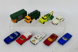 Matchbox - A group of 9 x unboxed models including Ford Pickup # 6, VW Beetle # 15, Iso Grifo # 14,