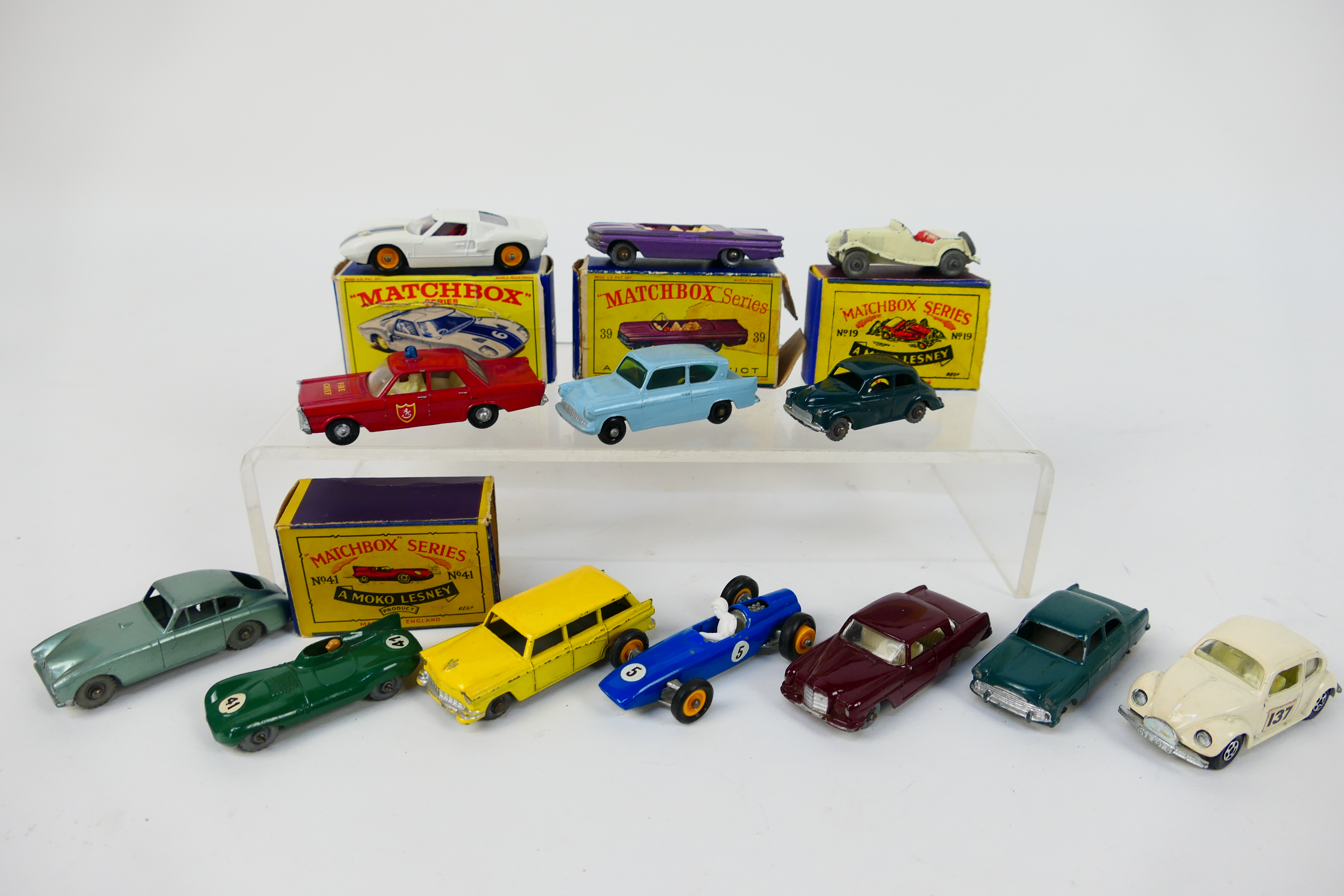 Matchbox - A group of vehicles including Morris Minor # 46, Aston Martin # 53, Jaguar D Type # 41,