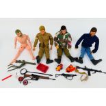 Action Man - Palitoy - Four vintage unboxed flock haired Action Man figures with a small group of