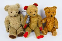 Three unknown maker vintage mohair bears - Lot includes a bear with dark red ribbon,