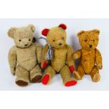 Three unknown maker vintage mohair bears - Lot includes a bear with dark red ribbon,