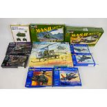 Revell - S Model - MRC - 10 boxed plastic model aircraft and military vehicles kits in various