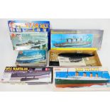 Airfix - Revell - Lindeberg - Zhengdefu - Five boxed plastic model ship kits in various scales.