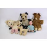 Unknown maker - 5 x vintage bears and soft toys, and 1 x porcelain doll with wooden insides.