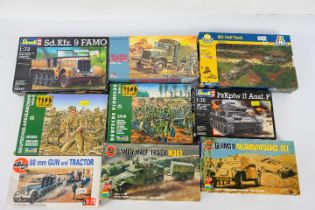 Revell - Airfix - Hasegawa - Nine boxed plastic military model and figure kits in 1:72 and 1:76