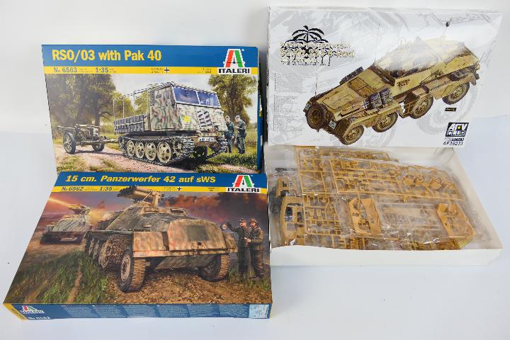 Italeri - AFV Club - Three boxed 1:35 scale plastic military vehicle model kits.