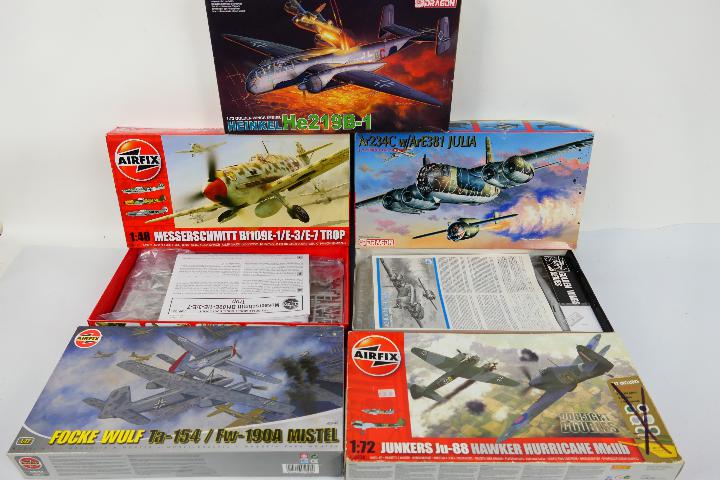 Dragon - Airfix - Five boxed plastic WW2 German military aircraft model kits.