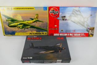 Airfix - ICM - Zvezda - Three boxed plastic military aircraft model kits.
