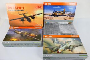 Eduard - ICM - Four boxed 1:48 & 1:32 scale German WW2 military aircraft plastic model kits.