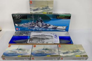 Tamiya - Airfix - Five boxed plastic model ship kits.