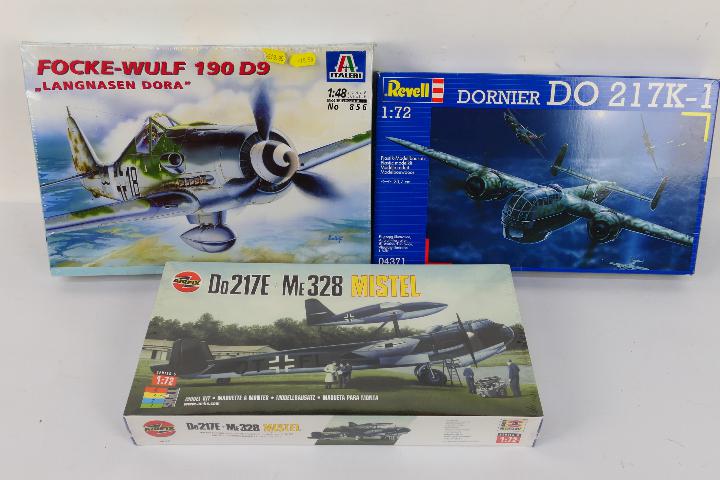 Revell - Airfix - Italeri - Three boxed factory sealed plastic military model aircraft kits.