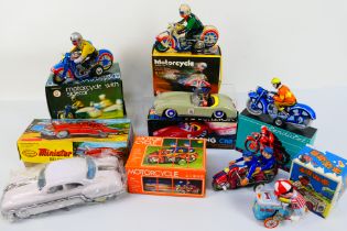 QSH - Vintage Tinplate - A group of boxed tinplate vehicles including 2 x motorcycles,