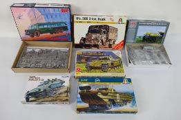 HM - Fuimi - Roden - Italeri - Zvezda - Six boxed plastic military vehicle model kits in variou