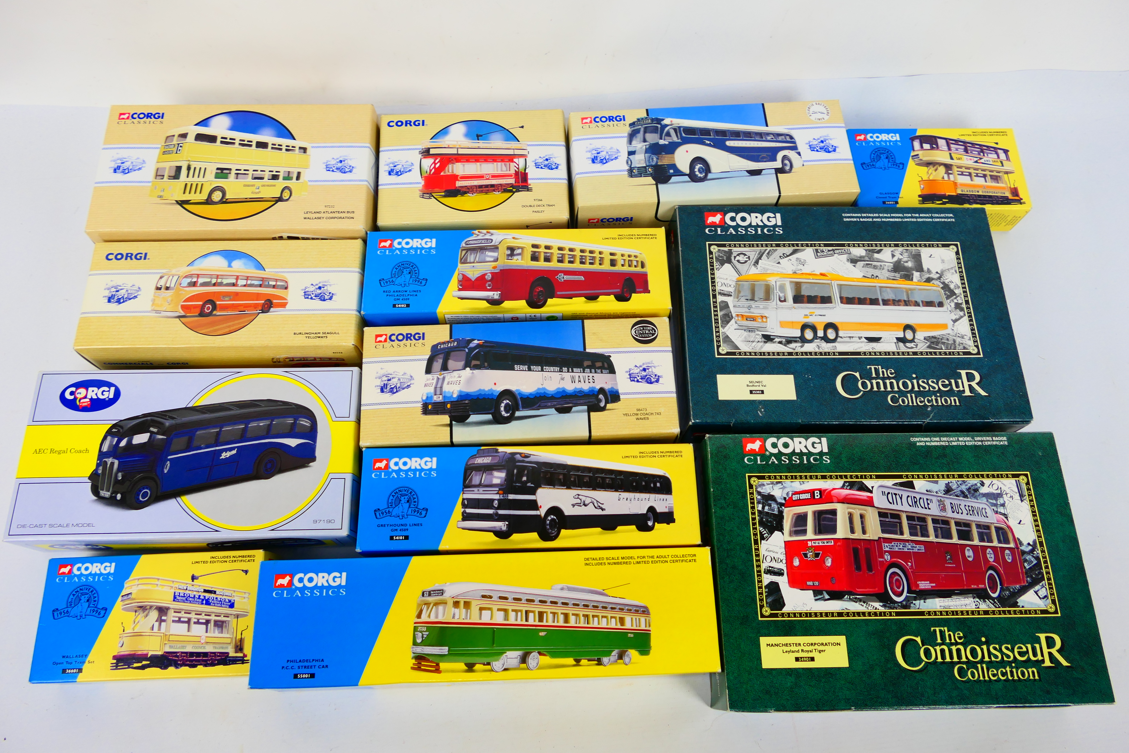 Corgi Classics - 13 boxed diecast model buses and trams from various Corgi ranges,